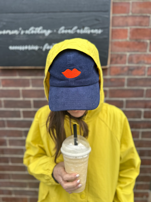 Clare V. Corduroy Baseball Hat in Embroidered Lips