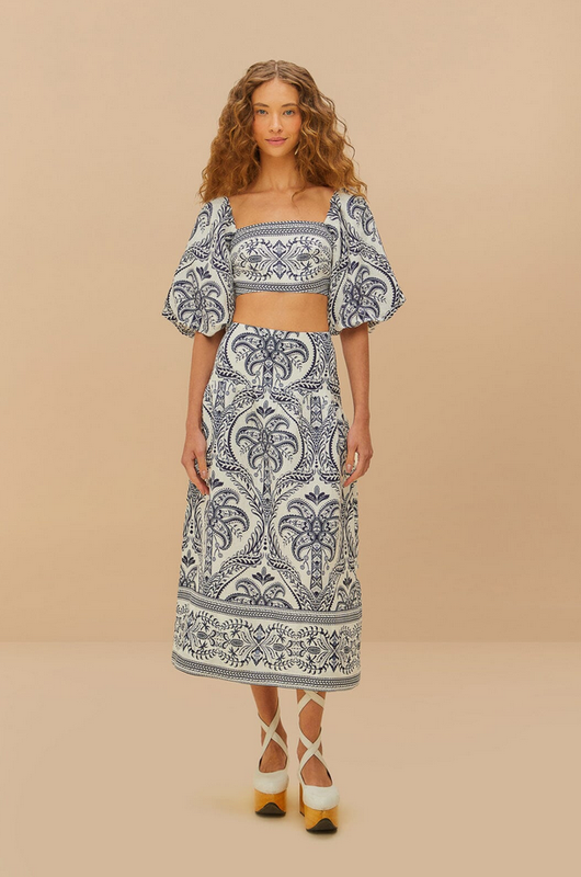 Farm Rio Blue Tropical Cameo Midi Skirt