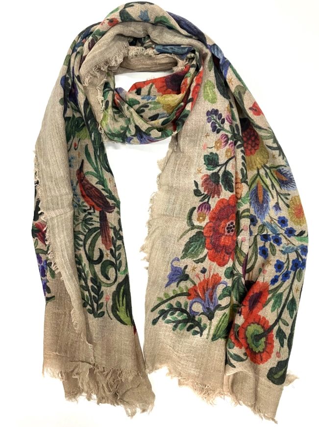Dolma Jardin Wool Scarf/Wrap in Beige Bird