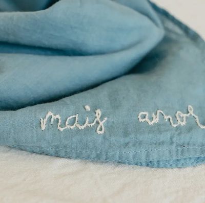 Eloise Et Moi Hand Embroidered Mais Amor Cotton Bandana in Blue/Cream EM9