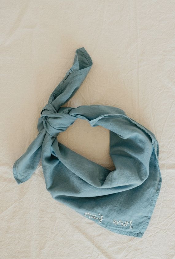 Eloise Et Moi Hand Embroidered Mais Amor Cotton Bandana in Blue/Cream EM9