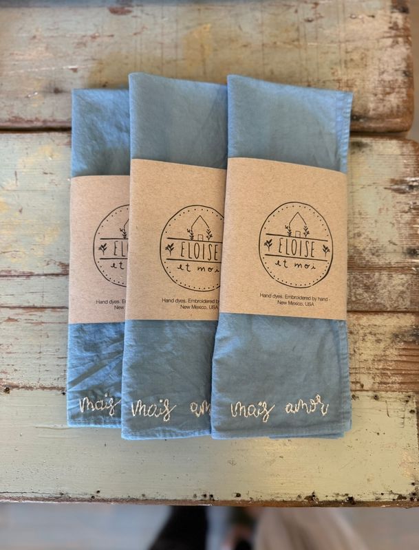 Eloise Et Moi Hand Embroidered Mais Amor Cotton Bandana in Blue/Cream EM9