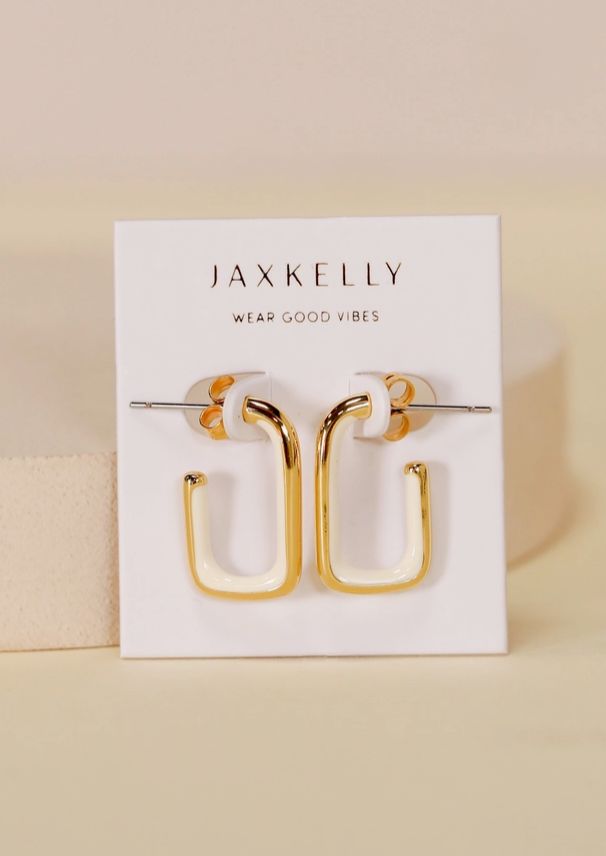 Jax Kelly Cream Enamel Large Rectangle Gold Hoop Earring JX43