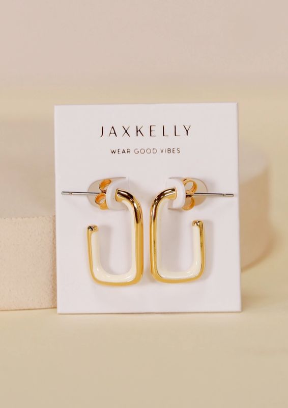 Jax Kelly Cream Enamel Large Rectangle Gold Hoop Earring JX43