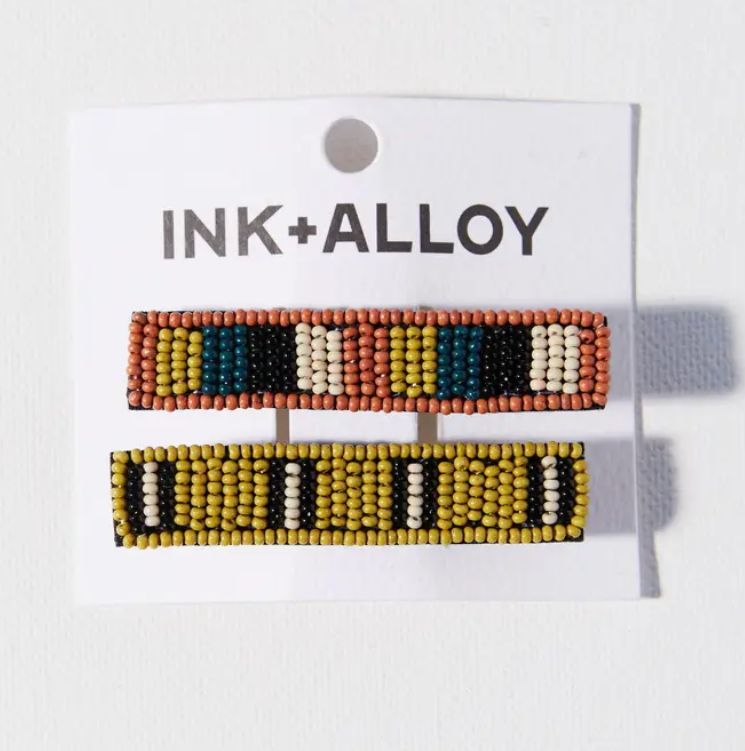 Ink + Alloy Anna Striped Beaded 2 Pack Hair Clip in Rust IA63