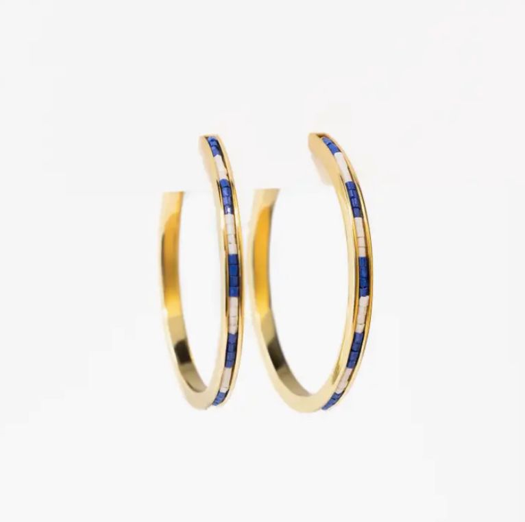 Ink + Alloy Lulu Hoop Earring Brass with Chanel of Seed Bead in Navy