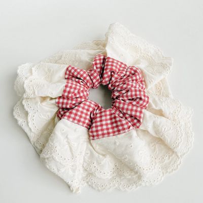 Adorro Red Gingham Scrunchie with Lace Detail AD100