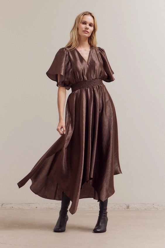 Grade &amp; Gather Unbalanced Skirt Wrinkle Satin Maxi (Two Colors)