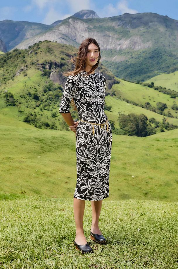 Farm Rio Lisbon Black Jersey Midi Dress