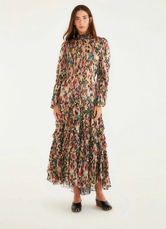 Farm Rio Blurry Tiny Flowers Pink Maxi Dress