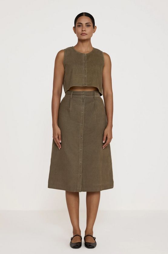 Laude The Label Aline Midi Skirt in Olive Corduroy