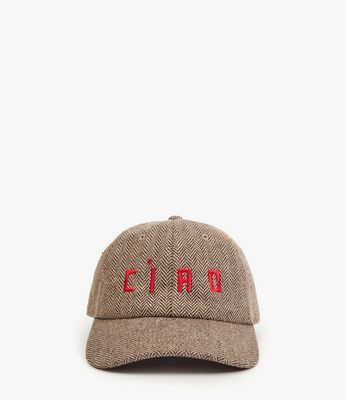 Clare V. Wool Baseball Cap in Taupe w/ Super Red Embroidered Ciao