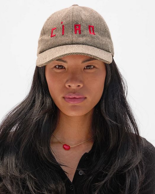 Clare V. Wool Baseball Cap in Taupe w/ Super Red Embroidered Ciao