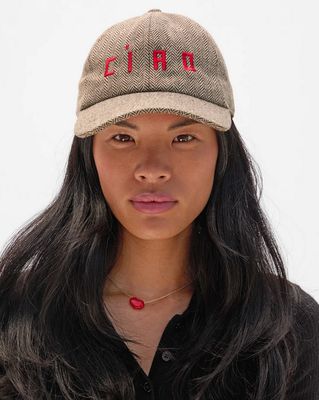 Clare V. Wool Baseball Cap in Taupe w/ Super Red Embroidered Ciao