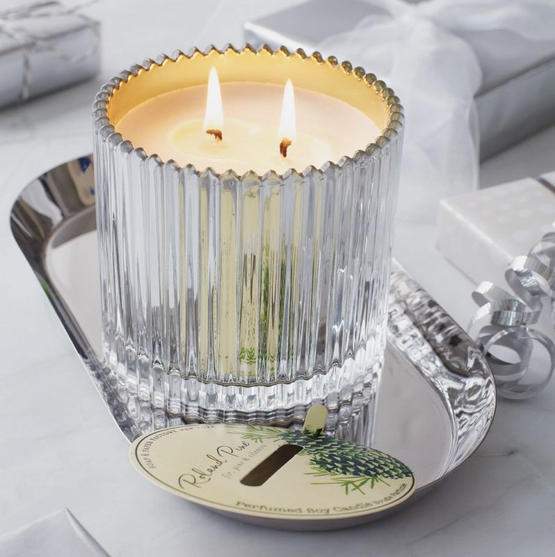 Soap &amp; Paper Factory Roland Pine 14 oz Silver &amp; Gold Two-Wick Ribbed Glass Candle