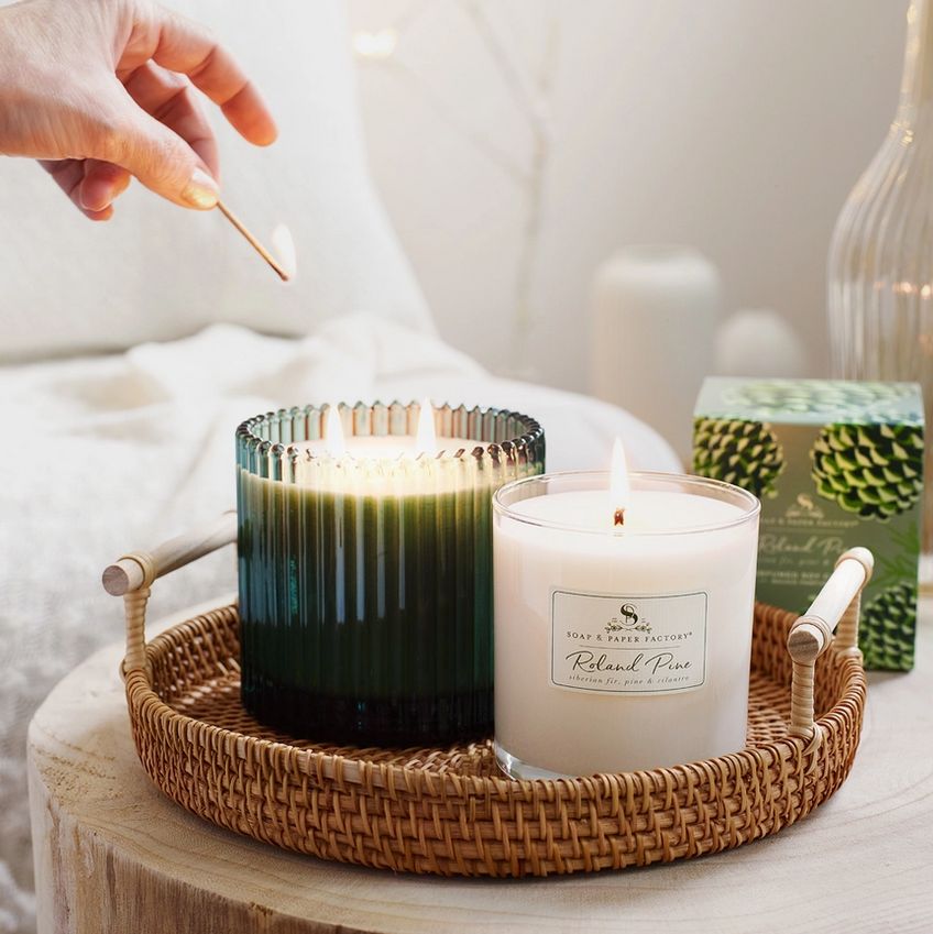 Soap &amp; Paper Factory Roland Pine 14 oz Two-Wick Green Ribbed Glass Candle