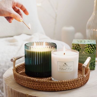 Soap &amp; Paper Factory Roland Pine 14 oz Two-Wick Green Ribbed Glass Candle