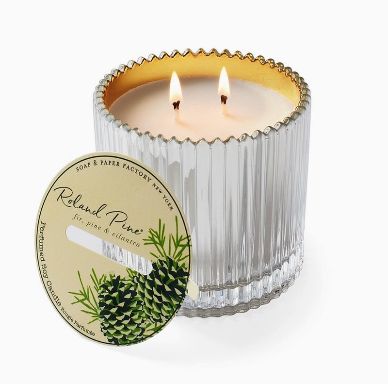 Soap &amp; Paper Factory Roland Pine 14 oz Silver &amp; Gold Two-Wick Ribbed Glass Candle