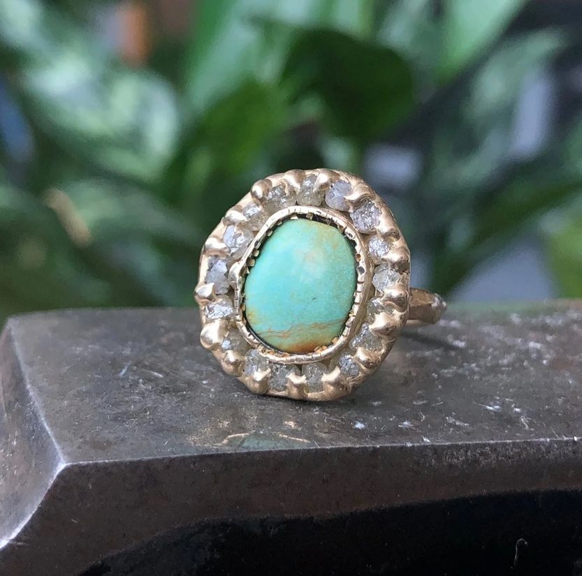 Emilie Shapiro Dreamer Ring Size 7.5 Turquoise and Rough Diamonds ES56