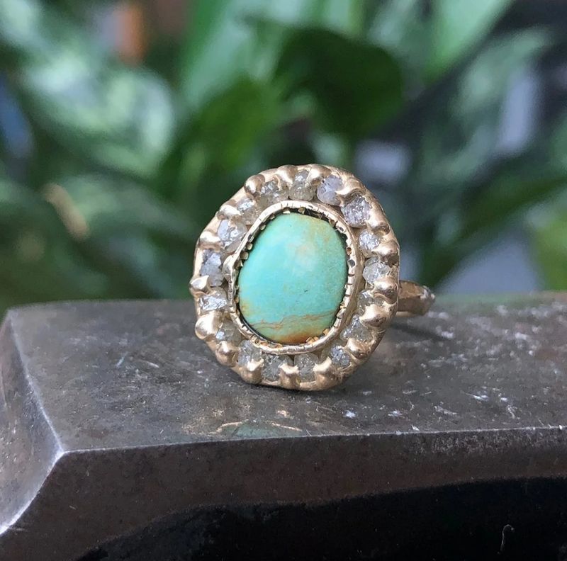 Emilie Shapiro Dreamer Ring Size 7.5 Turquoise and Rough Diamonds ES56