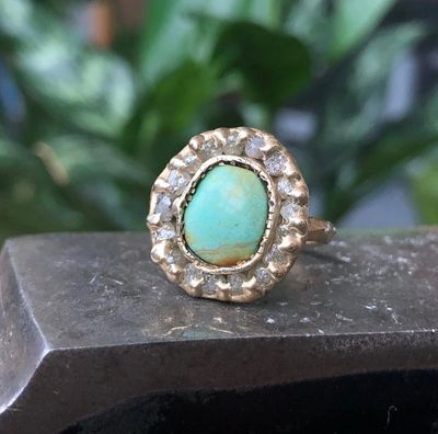 Emilie Shapiro Dreamer Ring Size 7.5 Turquoise and Rough Diamonds ES56
