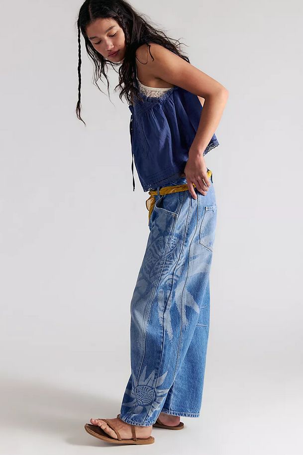 Free People Good Luck Printed Barrel Jean