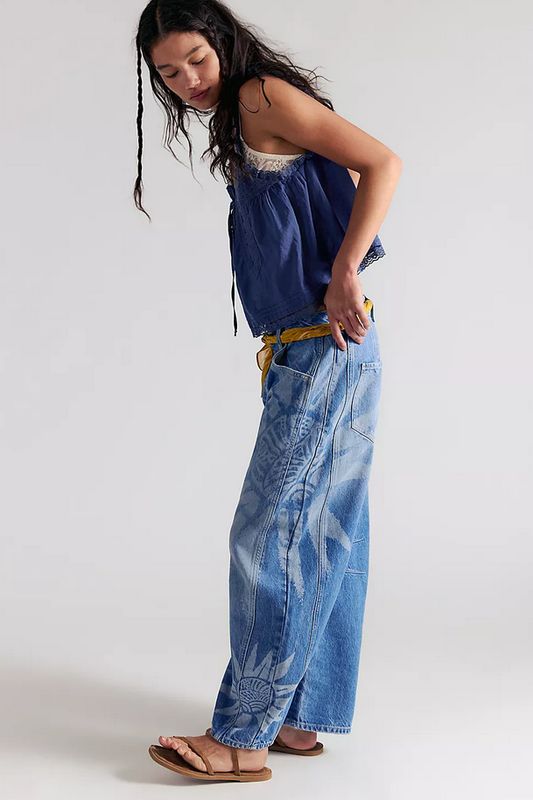 Free People Good Luck Printed Barrel Jean