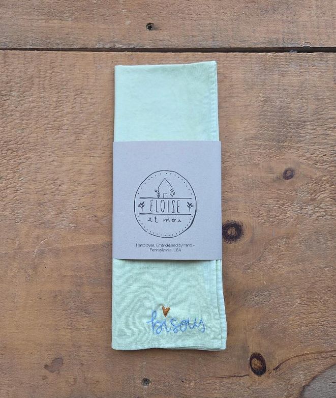 Eloise Et Moi Hand Embroidered Bisous Cotton Bandana in Moss/Sky EM17
