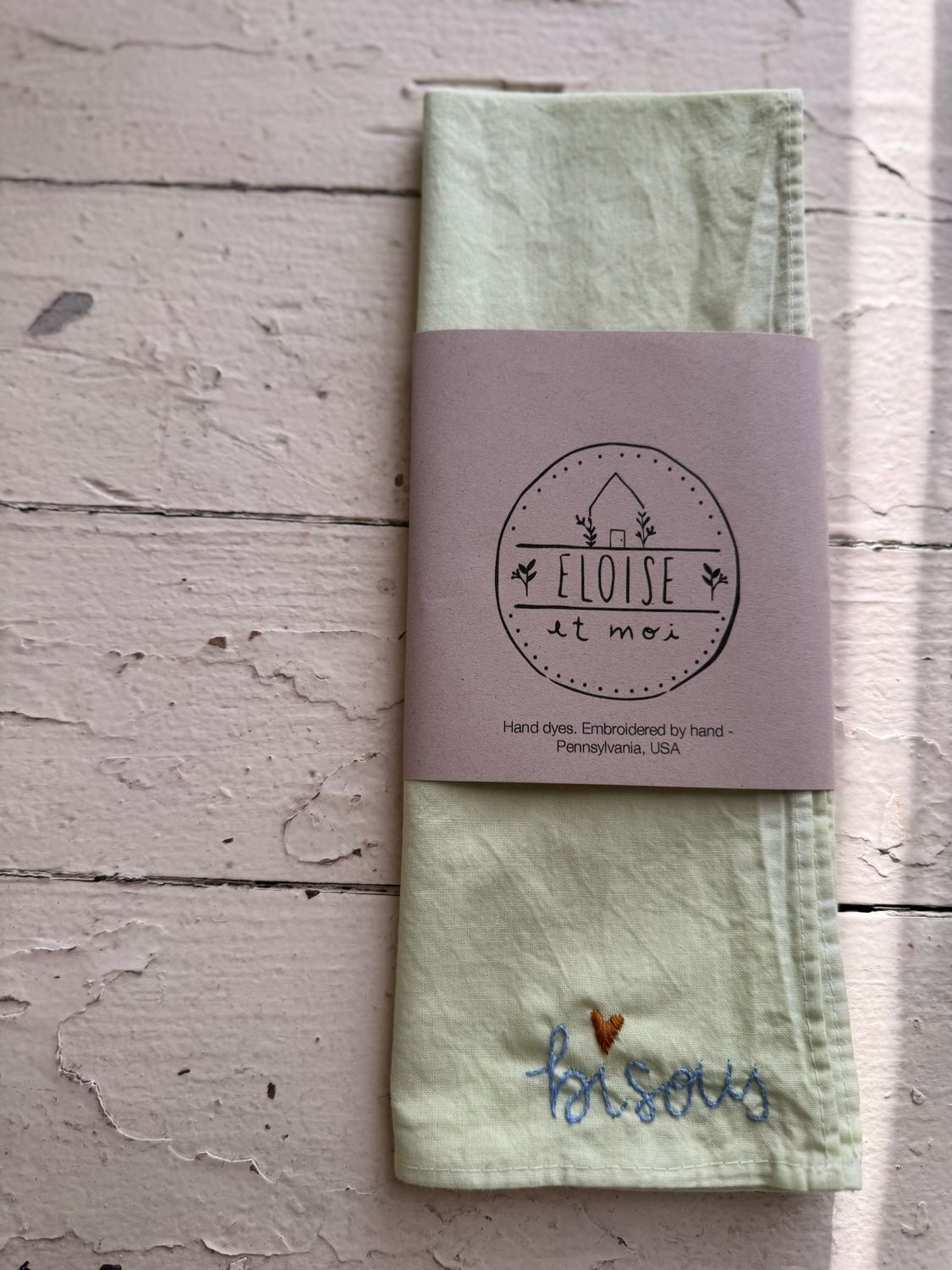 Eloise Et Moi Hand Embroidered Bisous Cotton Bandana in Moss/Sky EM17