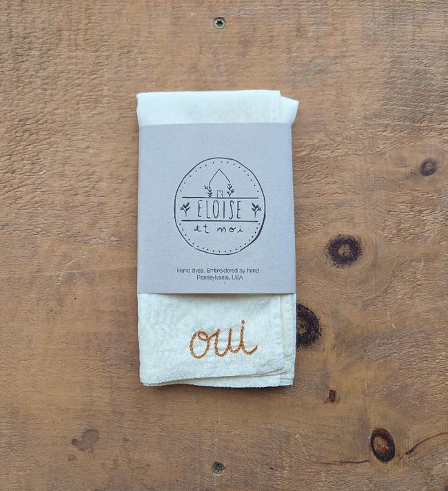 Eloise Et Moi Hand Embroidered Oui Cotton Bandana in Muted Yellow/Brown EM19