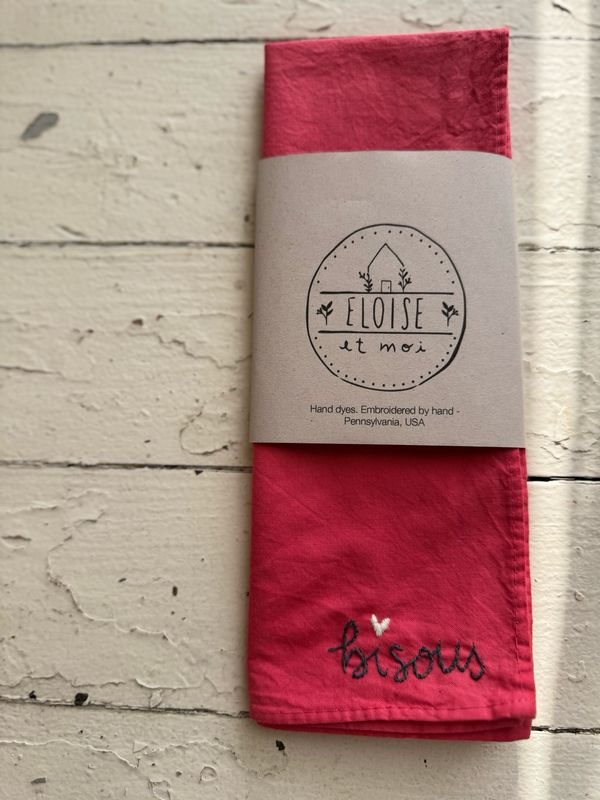 Eloise Et Moi Hand Embroidered Bisous Cotton Bandana in Red/Grey/Cream EM18