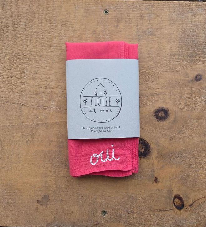 Eloise Et Moi Hand Embroidered Oui Cotton Bandana in Strawberry Red EM20