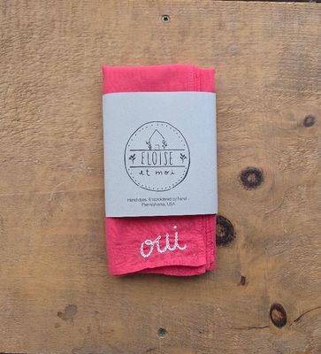 Eloise Et Moi Hand Embroidered Oui Cotton Bandana in Strawberry Red EM20
