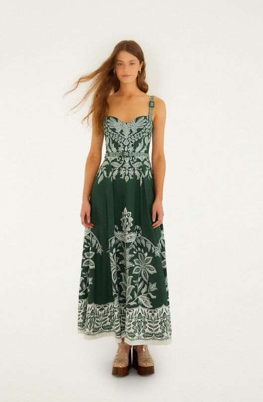 Farm Rio Miranda Dark Green Buckles Maxi Dress