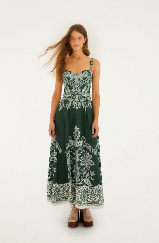Farm Rio Miranda Dark Green Buckles Maxi Dress