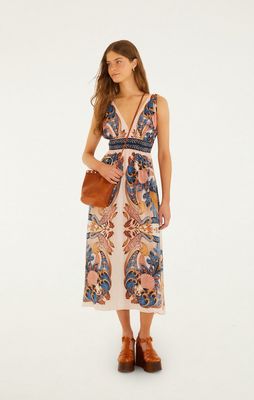 Farm Rio Garden Soft Pink V Neck Midi Dress