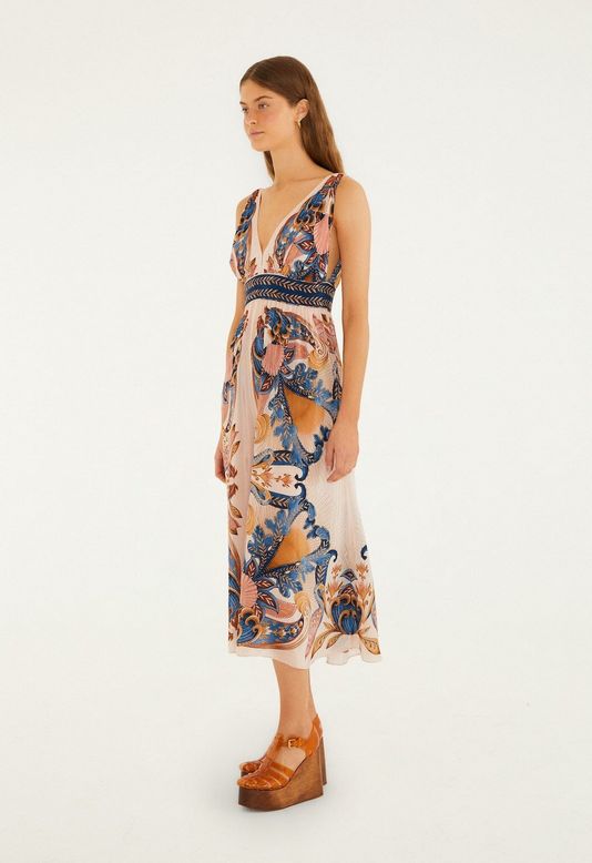 Farm Rio Garden Soft Pink V Neck Midi Dress