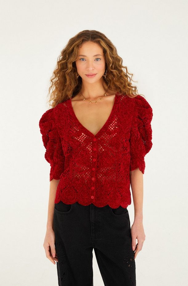 Farm Rio Red Rococo Hearts Puff Sleeve Crochet