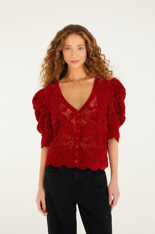 Farm Rio Red Rococo Hearts Puff Sleeve Crochet