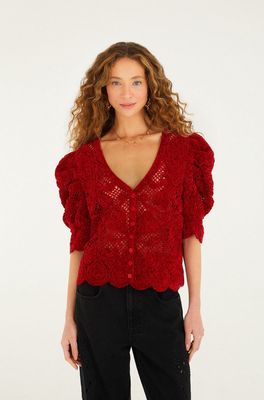 Farm Rio Red Rococo Hearts Puff Sleeve Crochet 