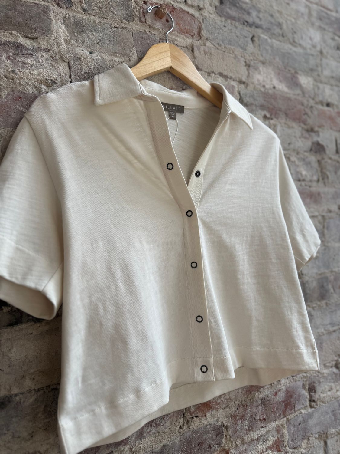 Lilla P Elbow Sleeve Button Down Tee