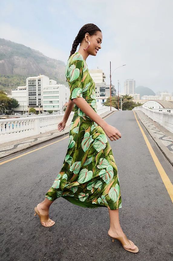 Farm Rio Anturium Leaves Short Sleeve Midi Dress