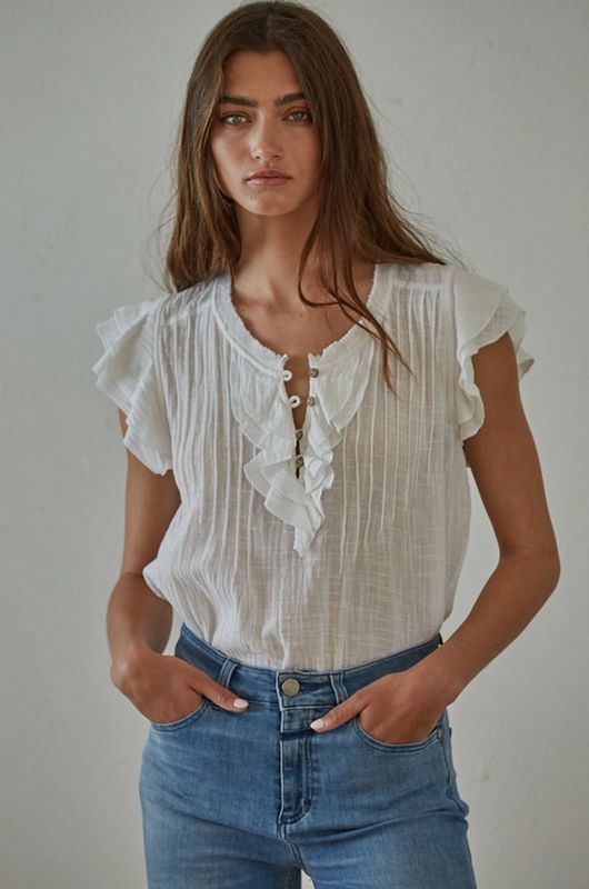 By Together Woven Cotton Linen Button V-Neck Tank