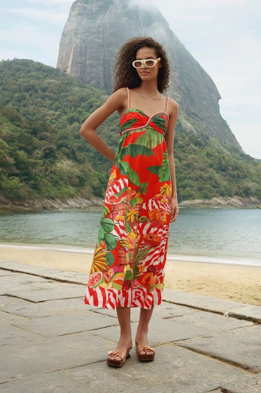 Farm Rio Fruit Trolley Red Sleeveless Maxi Dress