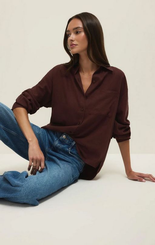Z Supply Alfie Button Up Shirt in Chocolate Cherry