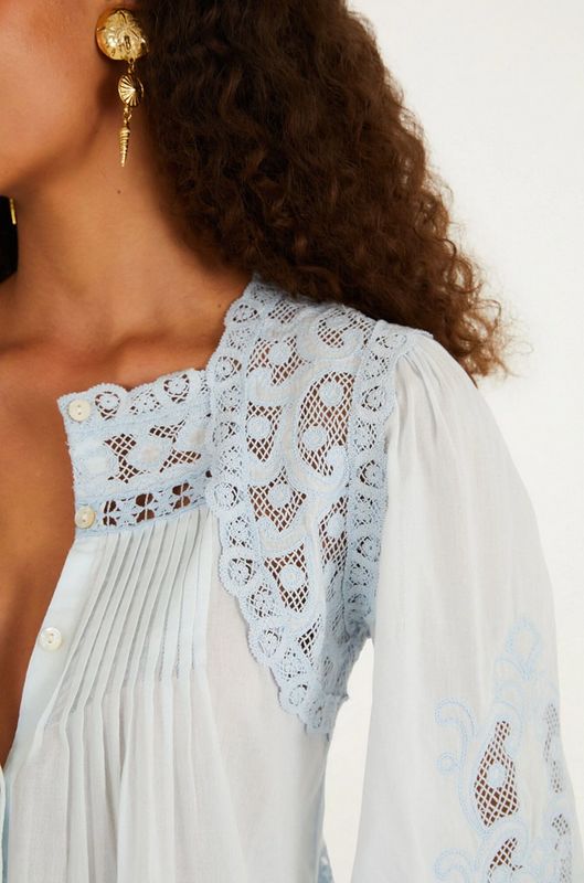Farm Rio Light Blue Richelieu Short Sleeve Blouse