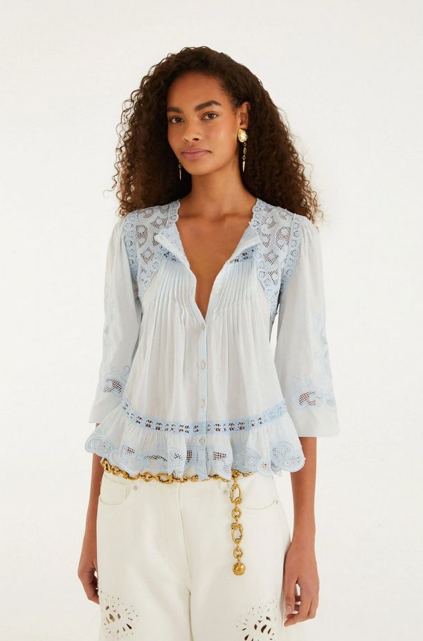 Farm Rio Light Blue Richelieu Short Sleeve Blouse