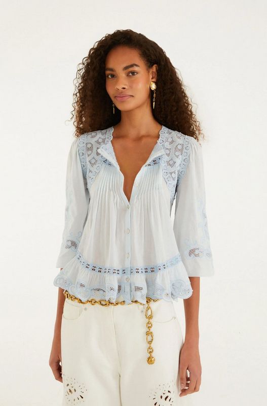 Farm Rio Light Blue Richelieu Short Sleeve Blouse