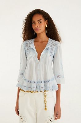 Farm Rio Light Blue Richelieu Short Sleeve Blouse