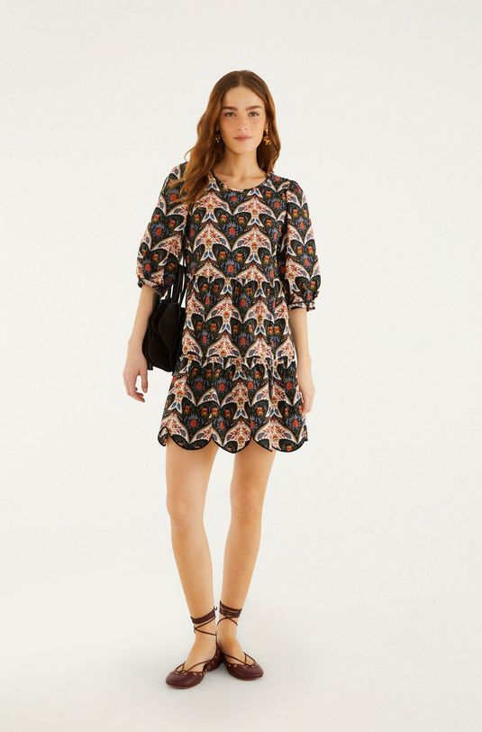 Farm Rio Black Porcelain Birds Puff Sleeve Mini